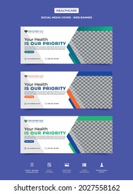 smart healthcare social media cover template design with an image placement, three color variation available. This template can be used as a web banner. editable eye catchy design, vector eps 10