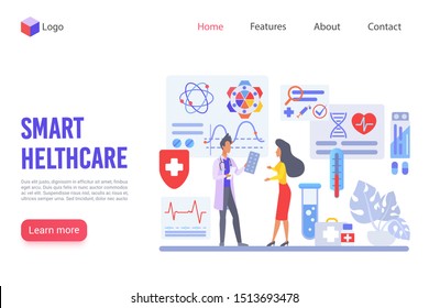 Smart healthcare vector landing page template. Innovation ody diagnostics website design layout. Modern treatment methods web page concept. Medical clinic, research institute webpage interface