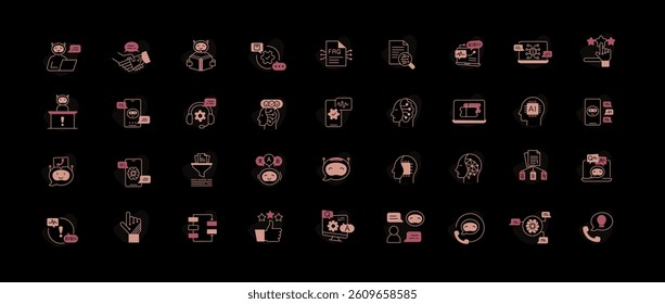 Smart Helpdesk and Virtual Assistant Icons for AI-Based Customer Experience.  Chatbots, multilingual support, and escalation workflows. Useful for Dark Background.