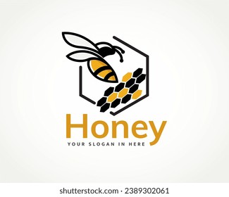 Smart Hexagon flying bee with honeycomb logo design template illustration inspiration