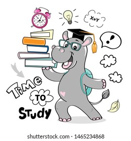 Smart hippo in glasses holds books and the inscription time to study on a white background