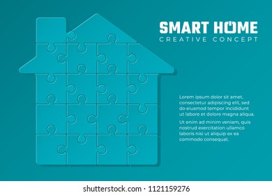 Smart Home 18 Pieces Puzzle Rectangle Blank Creative Concept for Home Automation and Internet of Things - Puzzle Pieces House and Logo on Blue Background - Vector Mixed Graphic Design
