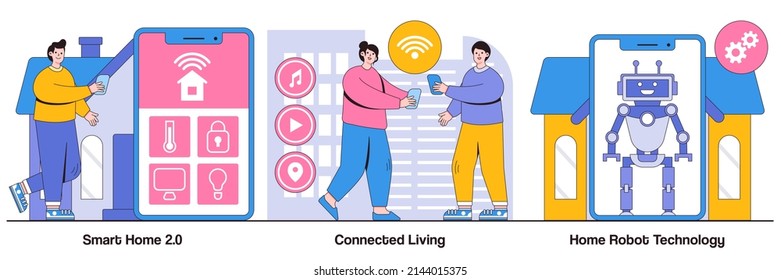 Smart home 2.0, connected living, home robot technology concepts with people characters. City and home with cognitive intelligence, Internet of Things, innovative technology vector illustration pack.