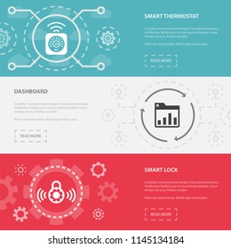 Smart home 3 horizontal webpage banners template with smart thermostat, dashboard, smart lock concept icons. Flat modern isolated icon illustration.