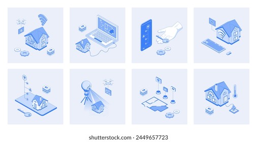 Smart home 3d isometric concept set with isometric icons design for web. Collection of wireless connection, automation house monitoring sensor system, surveillance security camera. Vector illustration