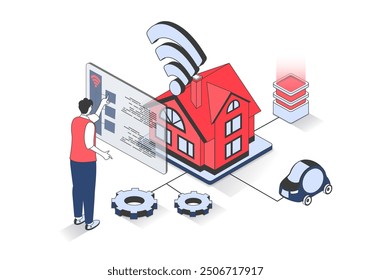 Smart home 3d isometric concept with isometry people design for web. Man monitoring automation systems of security, electricity, surveillance and other using digital screens. Vector illustration.