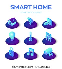 Smart home. 3D isometric icons set. Remote house control system. IOT concept. Smart home connection and control system devices. Home network. Internet of things. Vector illustration.