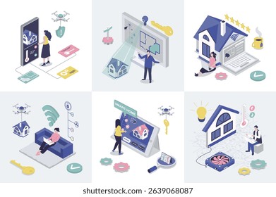Smart home 3d isometry concept for web design. Collection set with isometric people monitoring surveillance security system, wireless connection with different sensors in house. Vector illustration.