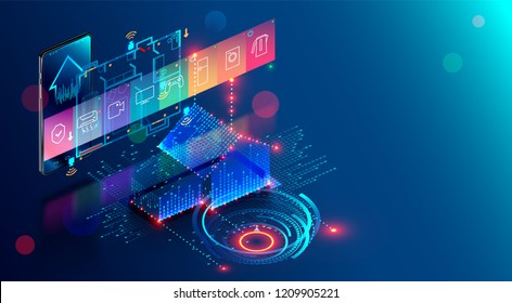 Smart home abstract background. Smartphone app of automation internet of things of intellectual house. System of control Appliances via wifi network. Modern building with mobile monitoring and iot.
