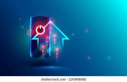 Smart home abstract concept. intelligence system power button on screen mobile phone. Smartphone controls power of households devices. Abstract illustration about home automation.