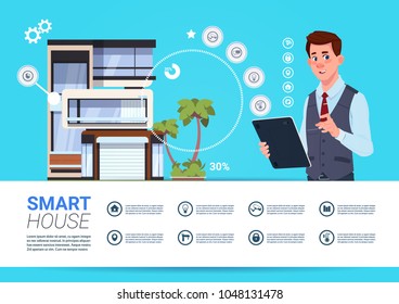 Smart Home Administration And Control Technology Concept With Man Holding Tablet Device