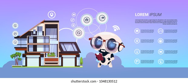 Smart Home Administration Technology Robot Infographic Banner, Modern Home System Of Control