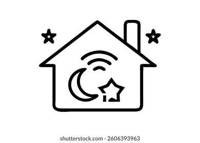 Smart home with AI controlled Eid decorations and crescent moon and star lights for festive celebration, modern technology concept