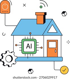 Hogar inteligente con integración de IA, con automatización del hogar y optimización del sistema. Ideal para ilustrar conceptos de tecnología y desarrollo de IA. Ilustración vectorial plana isométrica.