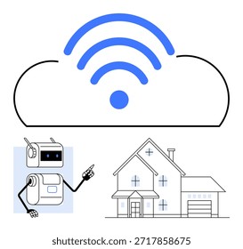 Smart home, AI technology, automation, cloud computing, home security, wireless connectivity. Cloud symbol with wireless waves, robot and house. Smart home and AI technology concept
