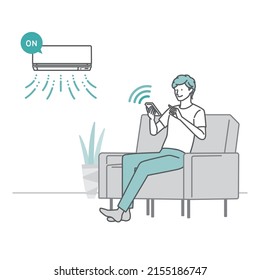 Smart home: Air conditioner_A man who operates an air conditioner indoors using a smartphone app (used in the living room)