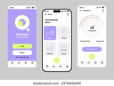 Smart Home App-Konzept im Flachdesign. Ein Set von Bildschirmen mit dem Bild einer Smart Home Control-Anwendung, in einem minimalistischen und modernen Stil und hellen Farben hergestellt. Vektorillustration.