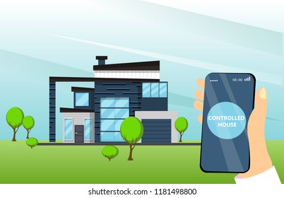 Smart home app with control system, eco house , technology and lifestyle concept