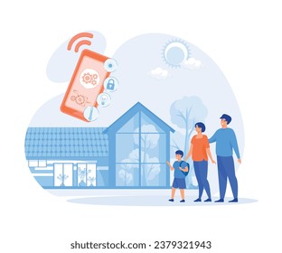Smart home app with control system, eco house on the background and family posing,  flat vector modern illustration