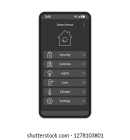 Smart Home App Interface Vector Template. Mobile App Interface Black Design Layout. Home Automation System. Domotics. Flat UI. Phone Display With Smart House Applications And Technologies List