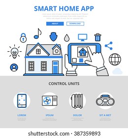 Smart home app mobile application manage sensor light temperature heating water concept flat line art vector icons. Modern website infographics illustration hero image web banner. Lineart collection.