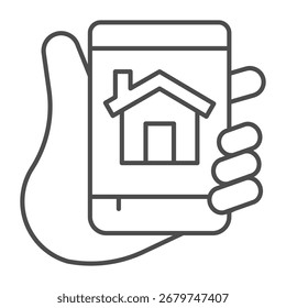 Smart Home app em telefone ícone de linha fina, casa conceito de sistema automático, mão segurar o vetor do smartphone assinar em fundo branco, ícone de estilo de contorno para conceito móvel e design da Web. Gráficos vetoriais