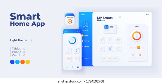 Smart home app screen vector adaptive design template. IOT application day mode interface with flat characters. Household equipment remote management smartphone, tablet, smart watch cartoon UI