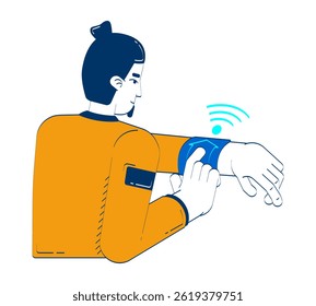 Smart home app for smartwatch doodle cartoon illustration. Man interacting with wearable device on wrist, IoT remote control 2D flat character isolated on white. Doodleart hand-drawn drawing colorful
