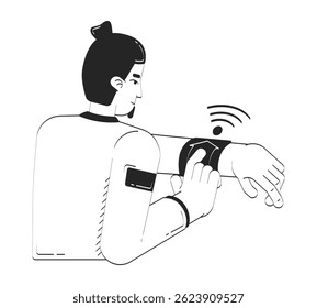 Smart home app for smartwatch doodle lineart illustration. Man interacts with wearable device on wrist, IoT remote control 2D line ink character isolated on white. Monochrome vector outline hand-drawn