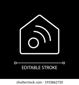 Icono lineal blanco de aplicación residencial inteligente para el tema oscuro. Aplicación de automatización del hogar. Control remoto. Ilustración personalizable de línea delgada. Símbolo de contorno vectorial aislado para el modo nocturno. Trazo editable
