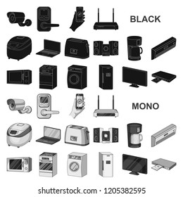 Smart home appliances black icons in set collection for design. Modern household appliances vector symbol stock web illustration.