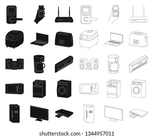 Smart home appliances black,outline icons in set collection for design. Modern household appliances vector symbol stock web illustration.