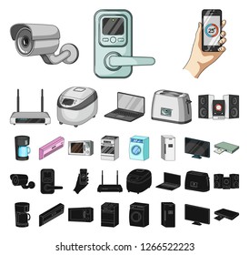 Smart home appliances cartoon, black icons in set collection for design. Modern household appliances vector symbol stock web illustration.