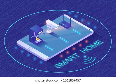 Smart home appliances and equipments. House controlled by smartphone of owner. Digital technologies for apartment. Coffee machine and camera, modem with network connection, vector in isometric 3d