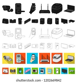 Smart home appliances flat icons in set collection for design. Modern household appliances vector symbol stock web illustration.