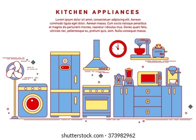 Smart home appliances, internet of things for consumer electronic. Flat horizontal banners with kitchen utensils, electric cooker, refrigerator, kitchen furniture, washing, interior.