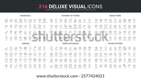 Smart home, appliances and internet of things line icon set. Household equipment and kitchen tools, access to home system via mobile app, arrow of way, thin black outline symbols vector illustration