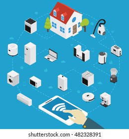 Smart home appliances isometric composition person controls all the electrical appliances in the house by using tablet vector illustration