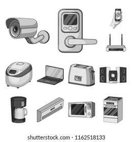 Smart home appliances monochrome icons in set collection for design. Modern household appliances vector symbol stock web illustration.