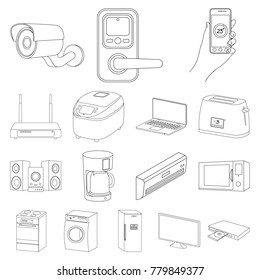 Smart home appliances outline icons in set collection for design. Modern household appliances vector symbol stock web illustration.