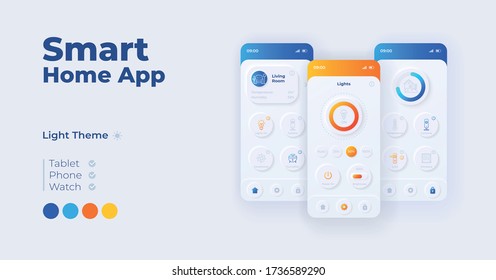 Smart home application cartoon smartphone interface vector templates set. Mobile app screen page day mode design. Climate and security control UI for application. Phone display with flat character
