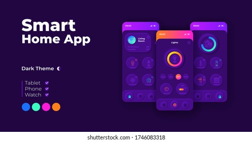 Smart home application cartoon smartphone interface vector templates set. Mobile app screen page night mode design. Automated control system UI for application. Phone display with flat character