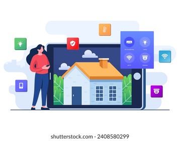Smart home application concept, Home automation, Woman controlling air conditioner using a smartphone, Remote home control technology, house technology system with wireless centralized control
