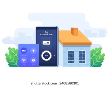 Smart home application concept, Home automation, Controlling air conditioner using a smartphone, Remote home control technology, house technology system with wireless centralized control