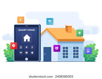 Smart home application concept flat illustration, Home automation, Controlling house devices using tablet, Remote home control technology, house technology system with wireless centralized control