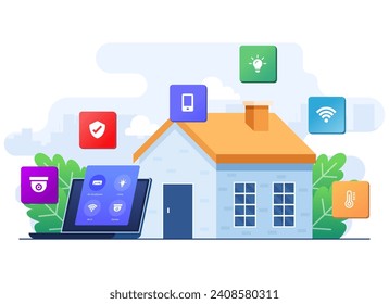 Smart home application concept flat illustration, Home automation, Controlling house devices using laptop, Remote home control technology, house technology system with wireless centralized control