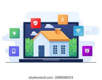 Smart home application concept flat illustration, Home automation, Controlling house devices using laptop, Remote home control technology, house technology system with wireless centralized control