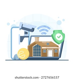 Ilustración de concepto de aplicación inteligente para el hogar que muestra dispositivos conectados y automatización del hogar. Tecnología IoT, control remoto, seguridad y vida digital moderna.