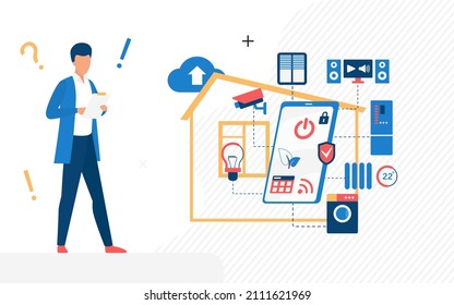 Smart home application in mobile phone, Internet of Things. IOT software, house control via wifi, modern household appliances, vector design