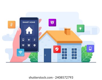 Smart home application on hand holding smartphone screen, Home automation, Controlling house devices, Remote home control technology, house technology system with wireless centralized control